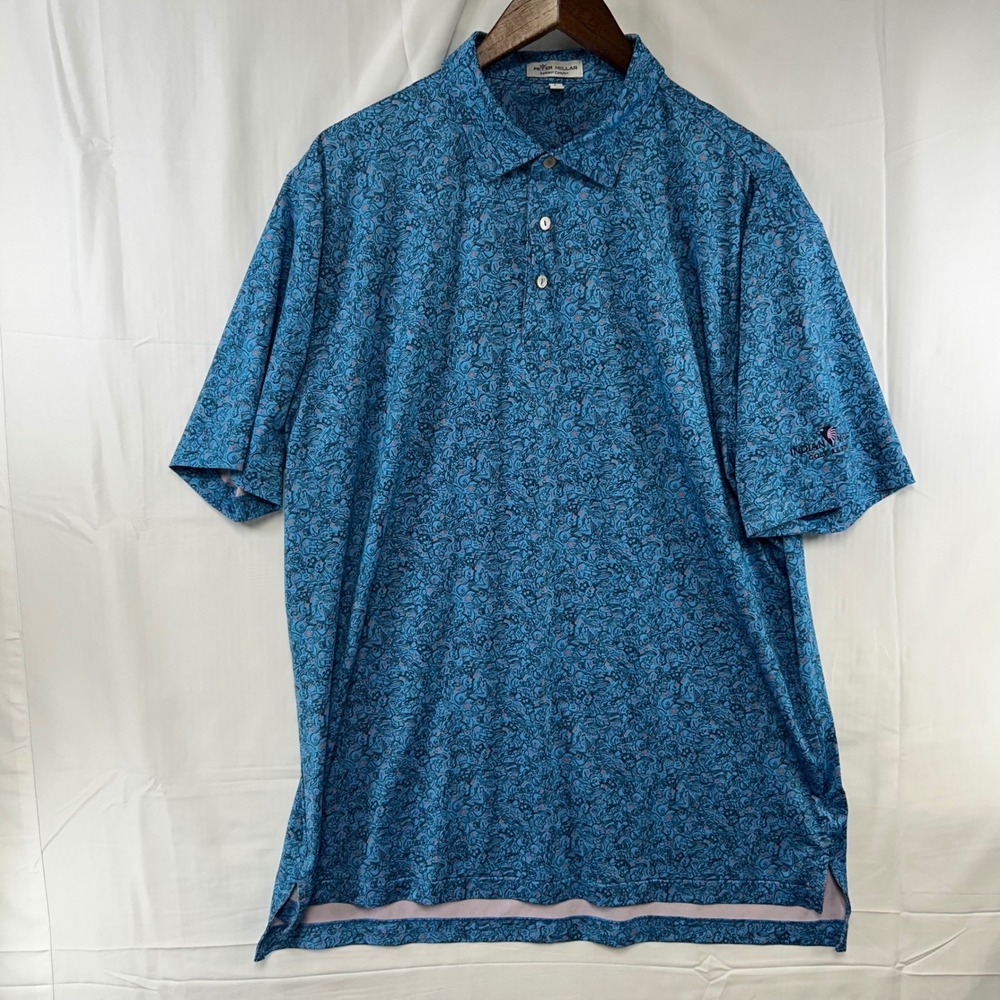 Peter Millar Summer Comfort Polo Golf Shirt L Blue Guitar Floral Indian Wells